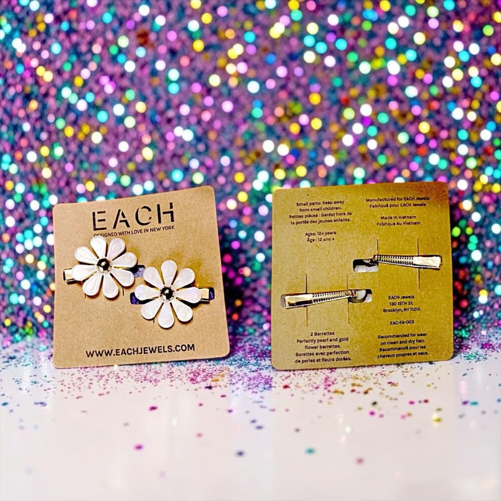 EACH Jewels Flower Daisy Hair Clip Barrette 2 Pack Pearl White & Gold NWT
